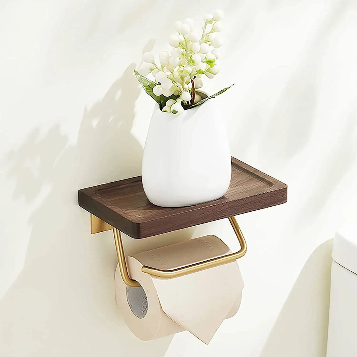 Gold Color Walnut Wood Paper Holder Wall Mounted Toilet Paper Rack No Hole Design Mobile Phone Bracket Wood Roll