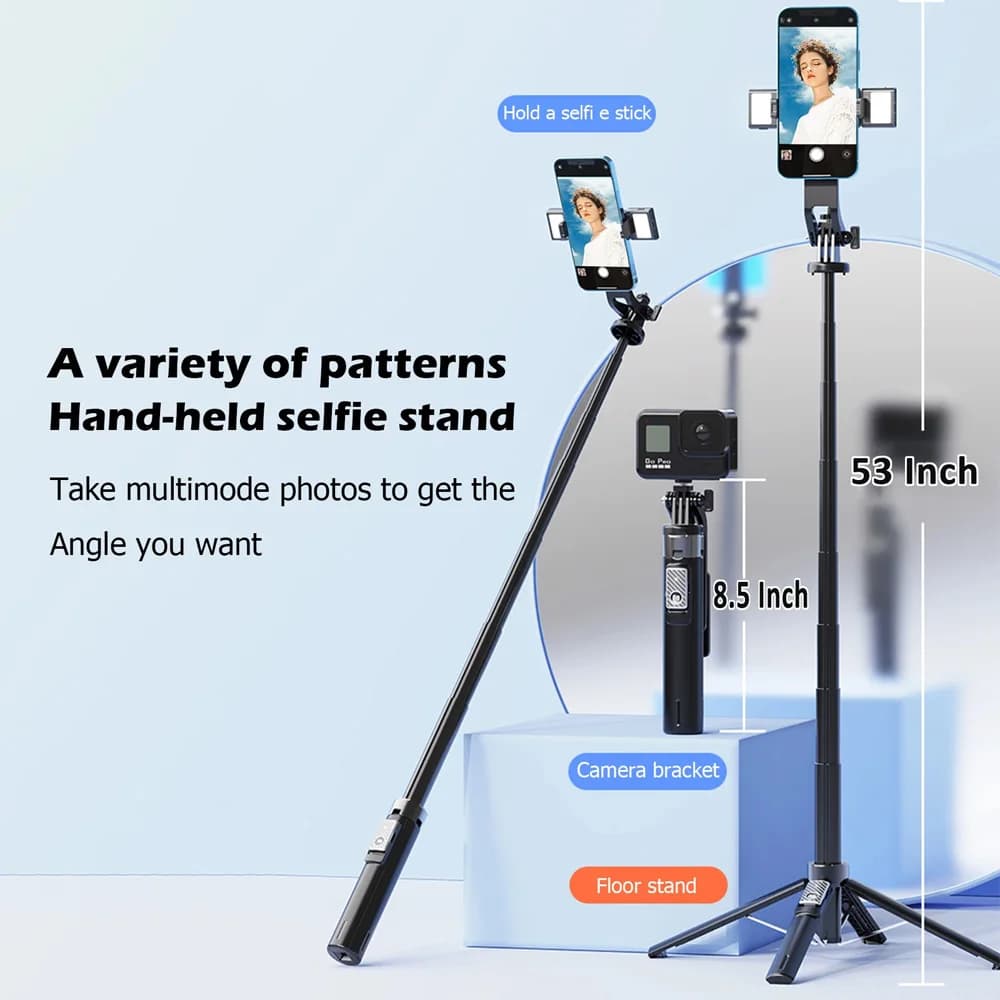 Bastone Selfie Treppiede in Lega di Alluminio da 53 Pollici con Rotazione a 360° ° Supporto estensibile con rotazione e luce di riempimento/telecomando per iOS/Android/fotocamera/GoPro
