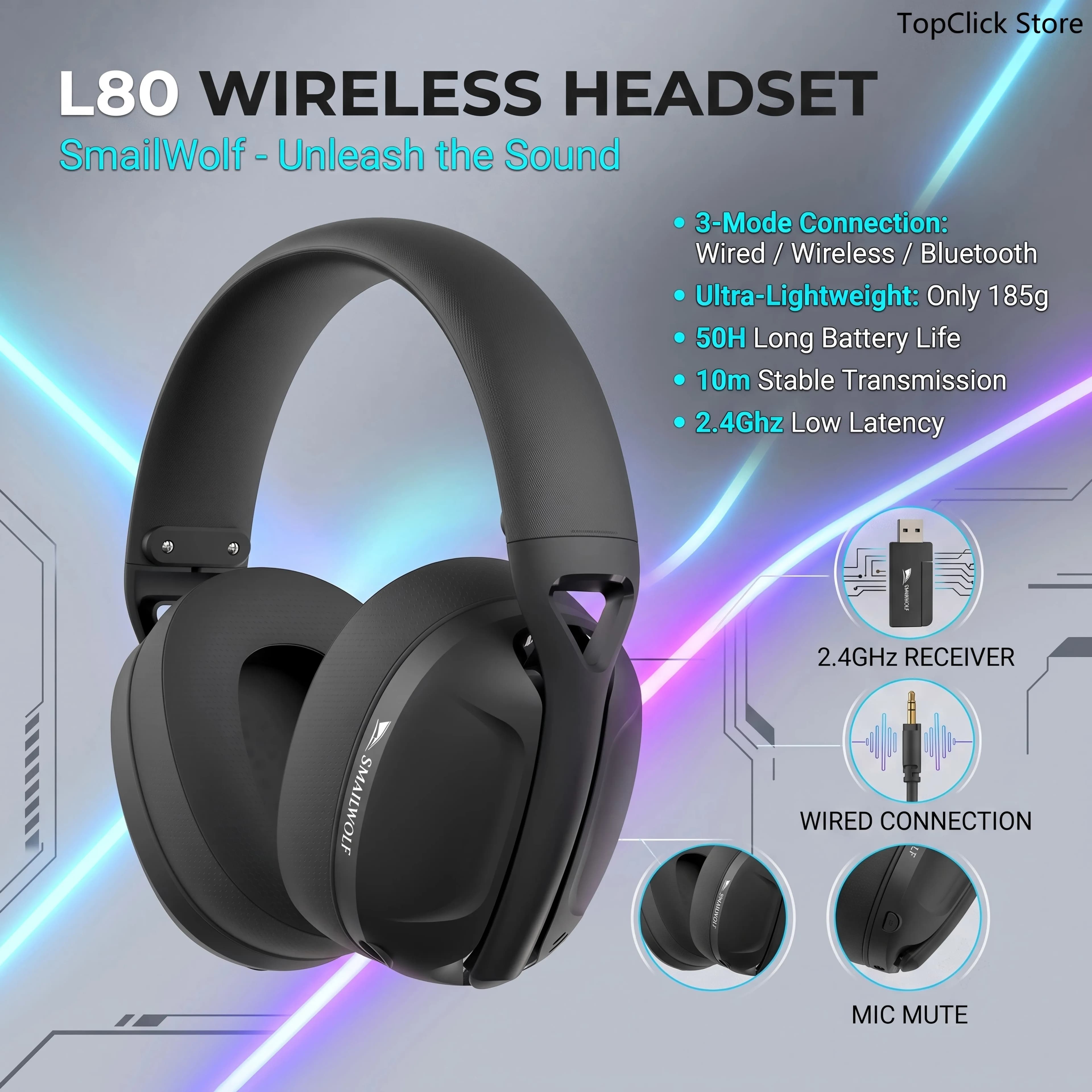 SMAILWOLF L80 Three mode wireless gaming headphones, 185 g ultralight, removable microphone, compatible with PC/mobile/Switch