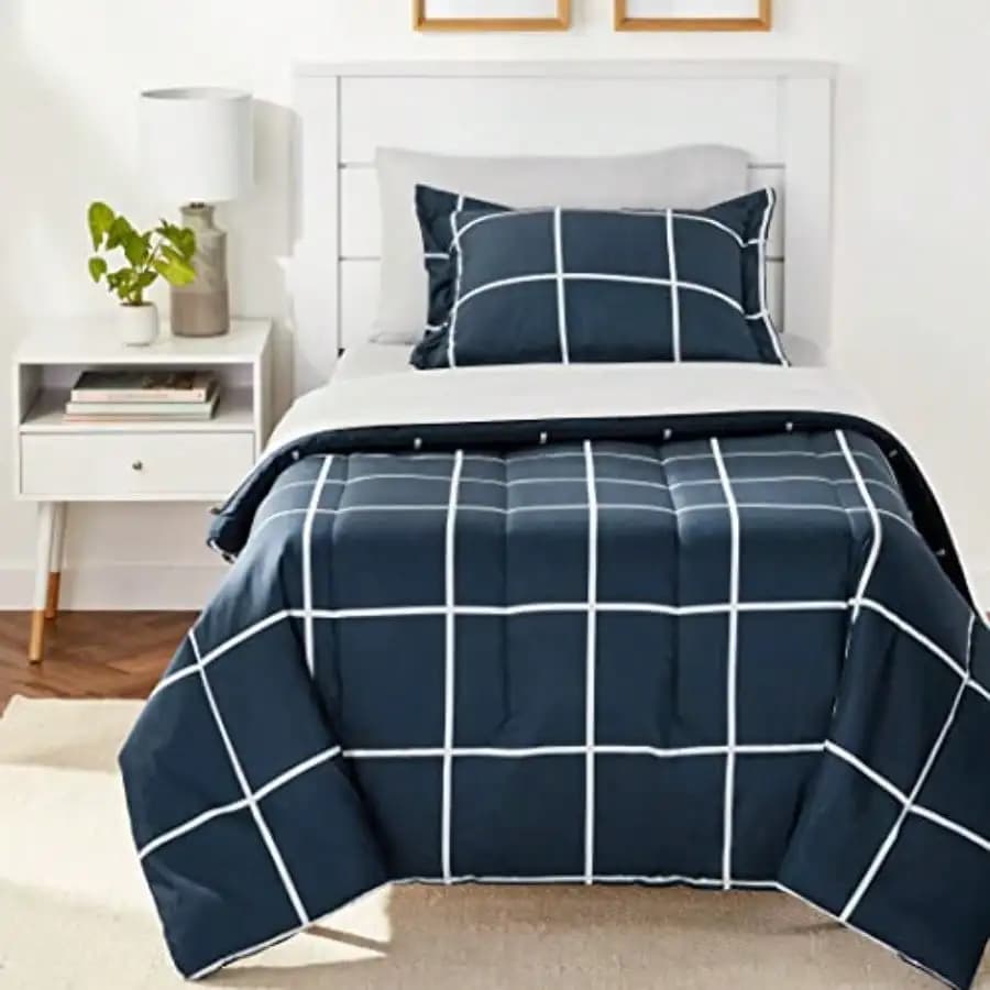 Set Copripiumino in Microfibra Leggero 5 Pezzi con Lenzuola, Set Completo da Letto Blu Navy con Motivo a Quadri Grigio, Misura Twin/Twin XL