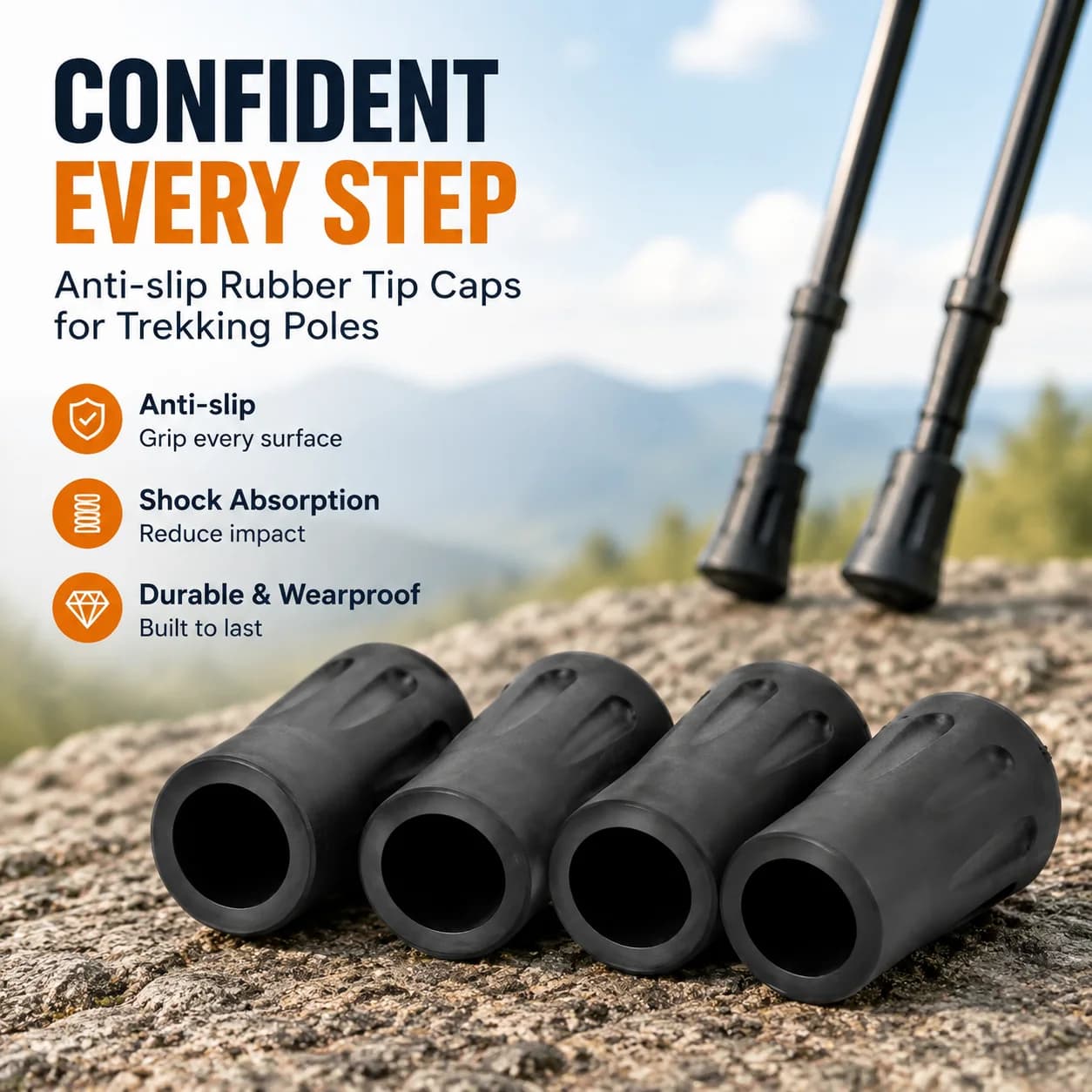 Anti-slip Cylindrical Rubber Tip Caps for Trekking Poles, Durable Wearproof Foot Sleeves with Cushion, Hiking Stick Spare