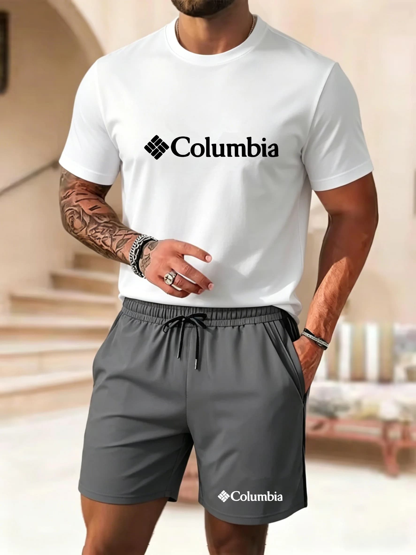 Nuovo Set Estivo da Uomo: T-Shirt a Maniche Corte e Pantaloncini con Stampa Trendy, 2 Pezzi, Casual, Collo Tondo, Traspirante, Abbigliamento Sportivo
