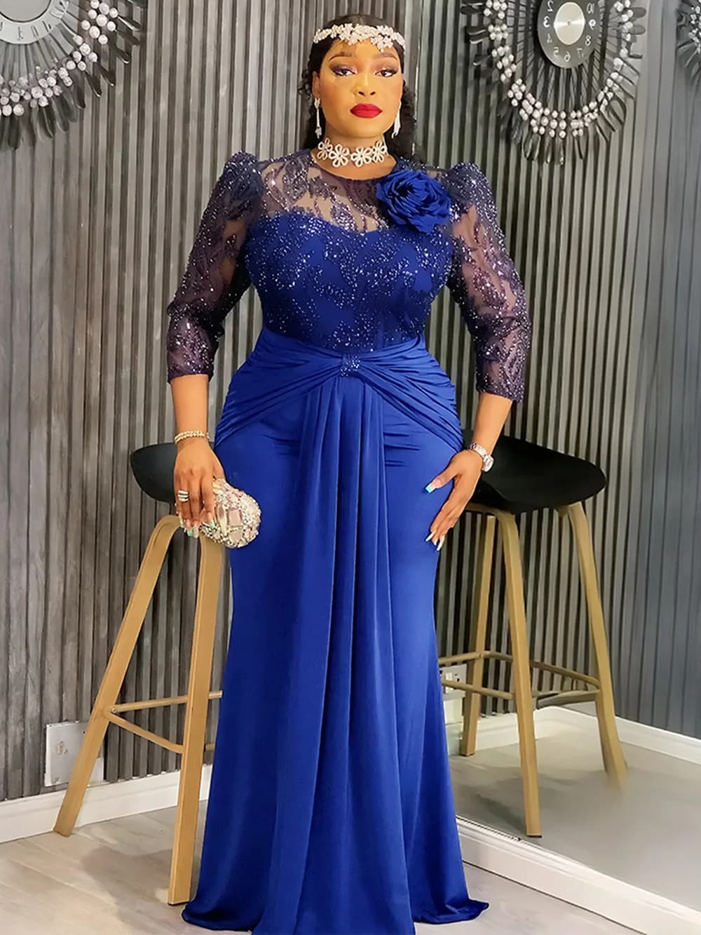 Long-sleeved chiffon dresses with sequins Elegant women's dresses for parties, year-end dance, birthday evenings, maxi African dresses Dashiki, Turkish caftans