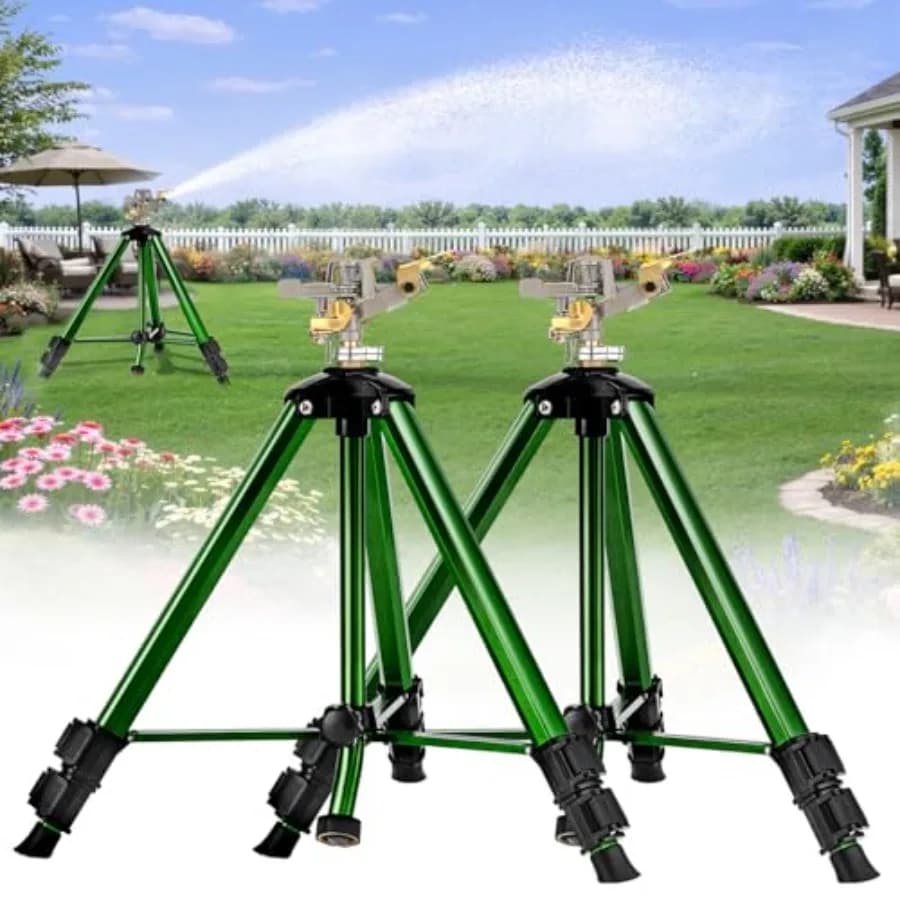 Irrigatore a Impatto per Prato con Supporto a Treppiede, Rotazione Regolabile 0-360°, Copertura Ampia per Giardino e Prato, Irrigatore per Tubo da Giardino