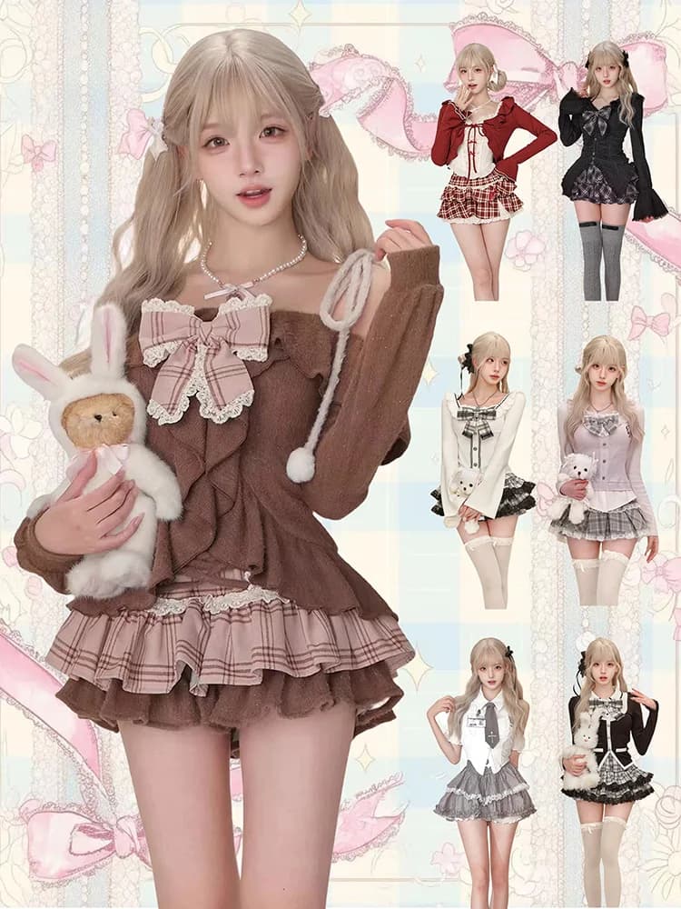 Nuovo Set 2 Pezzi Stile Gotico Y2k Vintage Preppy per Donna: Cardigan Lavorato a Maglia con Fiocco e Minigonna a Quadri con Volant, Outfit Lolita alla Moda