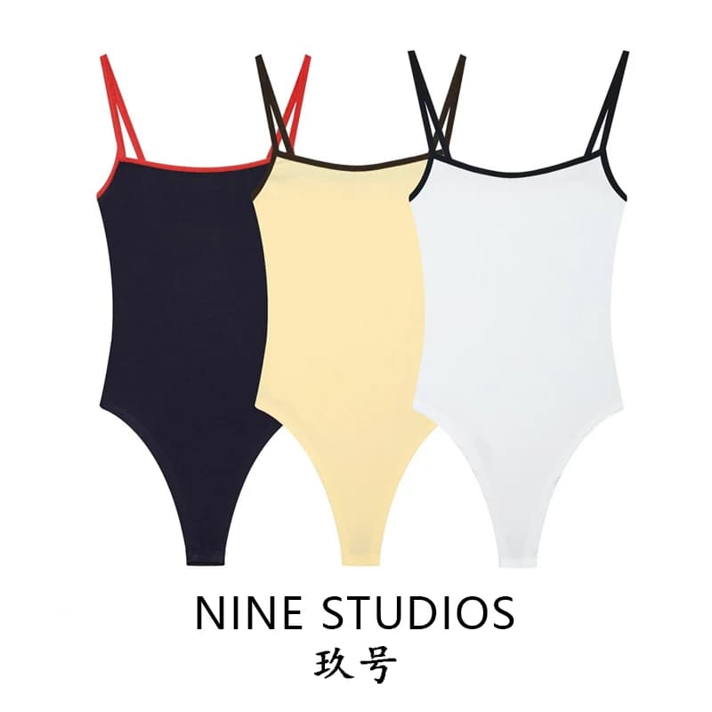 NINE ZAR Women's Sexy Color Block Trim Belted Swimsuit High Waist Straight Leg Short Pants Polyester Commute Style