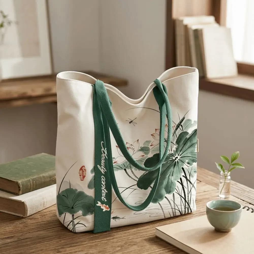 Durable Chinese Ink Wash Print Canvas Bag Large Capacity Reusable Shoulder Bag Lightweight Tote Bag Daily