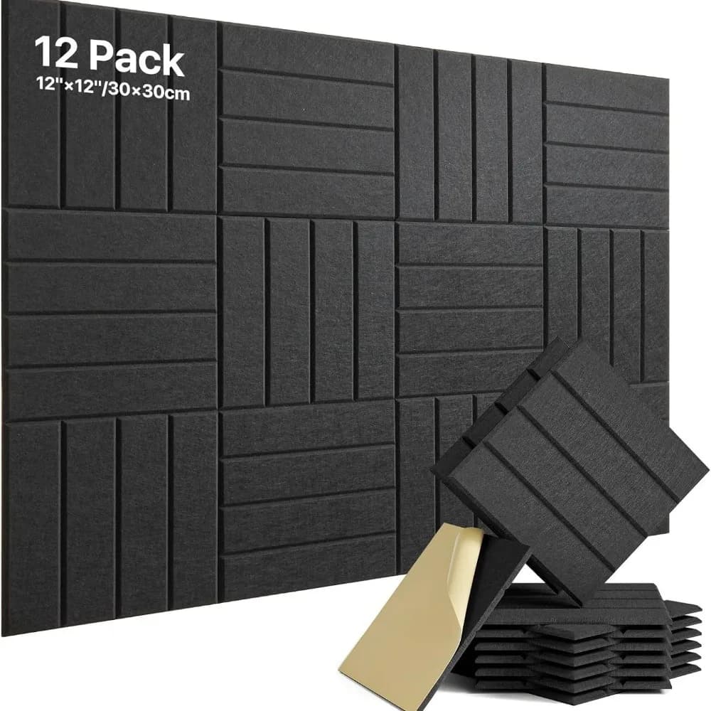 30x30cm 12 Packs Self-Adhesive PET Felt Acoustic Panel Cut Groove for Sound Absorption Sound Proof Home Studio Office