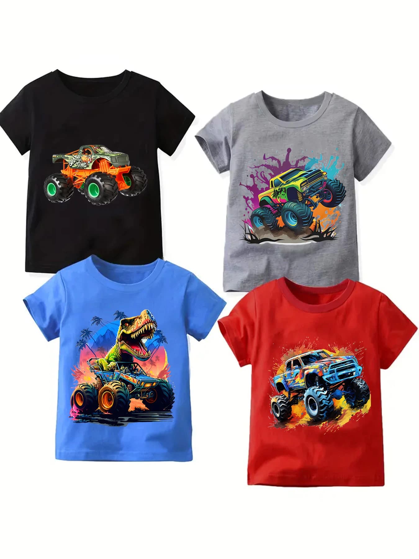 4 T-shirt sportive casual a maniche corte da ragazzo stampate Cool Truck - Comodo abbigliamento estivo da esterno