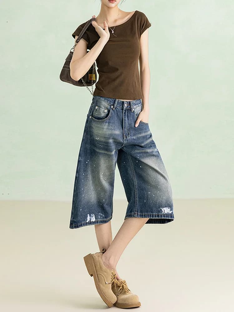 Summer 2026 High Waist Wide Leg Jeans Women Loose Slimming Concealing Straight Seven-Foot Pants Design Ink Splashing New Arrival