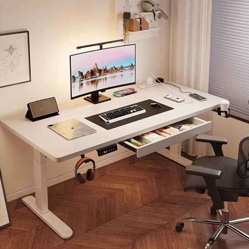 Modern Iron Dual Motor Electric Standing Desk with Height Adjustable Ergonomic Design for Home/Bedroom Office Dual Monitor Setup