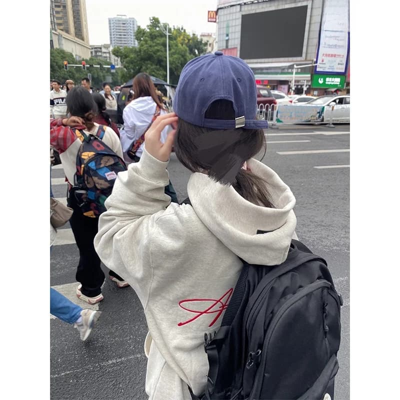 American Hiphop Handwritten Lettering Hoodie Women's Autumn Winter Thickened Fleece High Street Style Outerwear