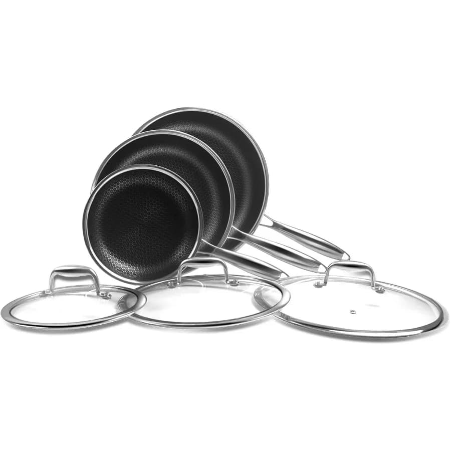 Set di padelle da 6 pezzi Set di padelle da 8 10 e 12 pollici Ibrido antiaderente 18 10 padelle in acciaio inossidabile con coperchio Riscaldamento uniforme e rapido compatibile