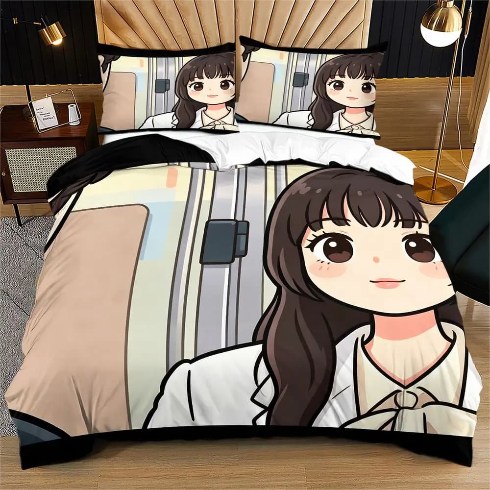 Chibi Long Bangs White Coat Girl Duvet Cover Set Comforter Cover Bedding Set No Filler Minimal Soft Teen Girl Bedroom Kit