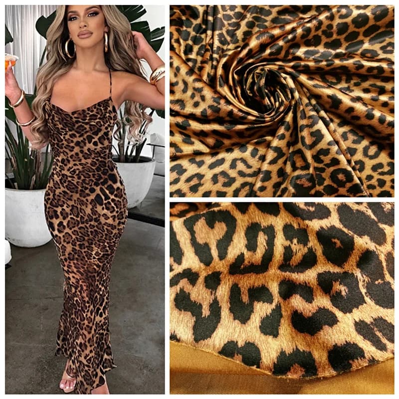 High Stretch Satin Spandex Coffee Color Leopard Print Fabric DIY Dress Pants Designer Fabric Materials for Sewing Cloth By Meter
