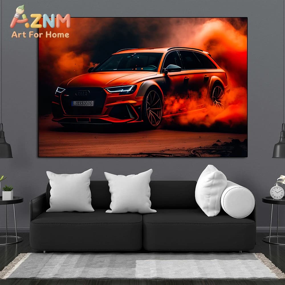 AZNM Audi RS6 Avant Performance Wagon Wall Art Print, Single Unframed Canvas Poster, Red Smoke Drift Scene for Garage, Man Cave,