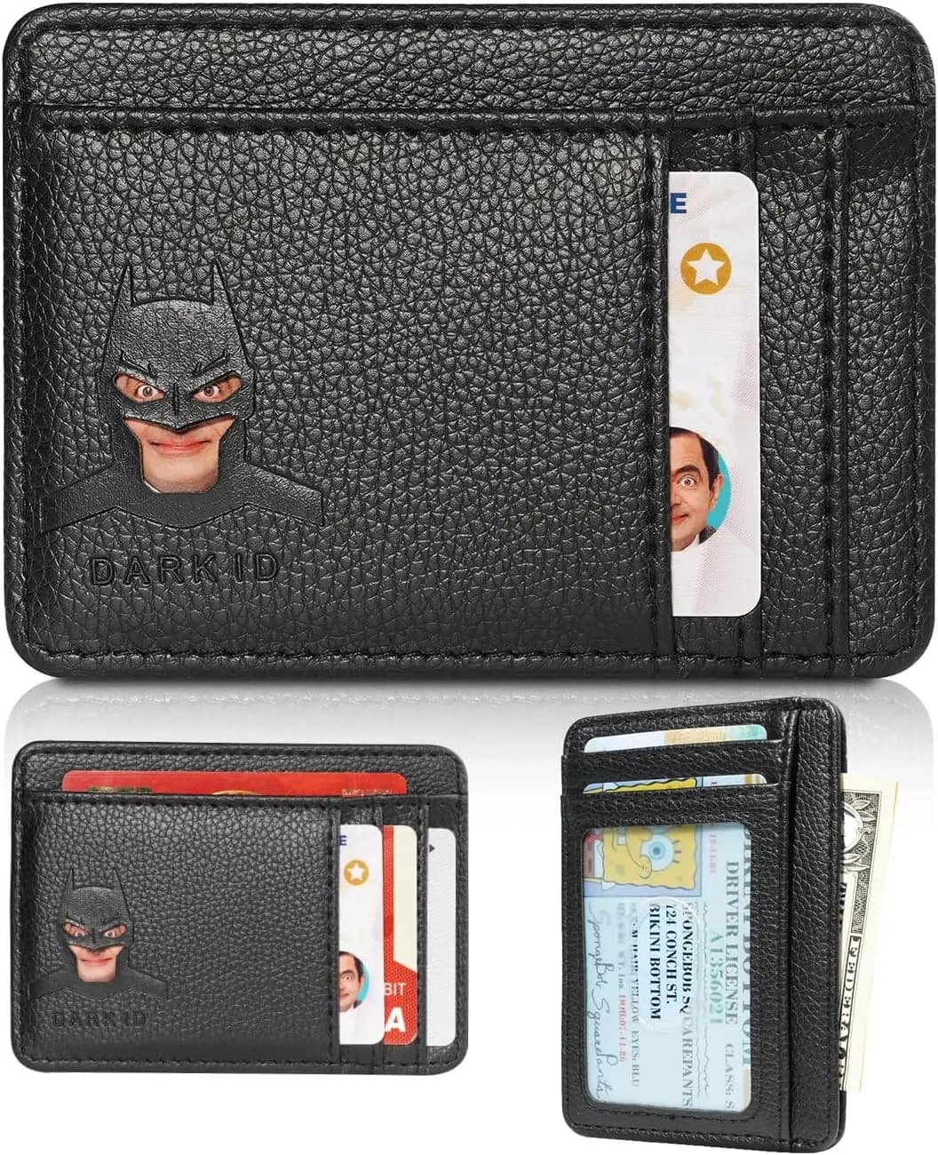 Portafoglio sottile in pelle con blocco RFID e ritaglio a forma di viso di supereroe per uomo