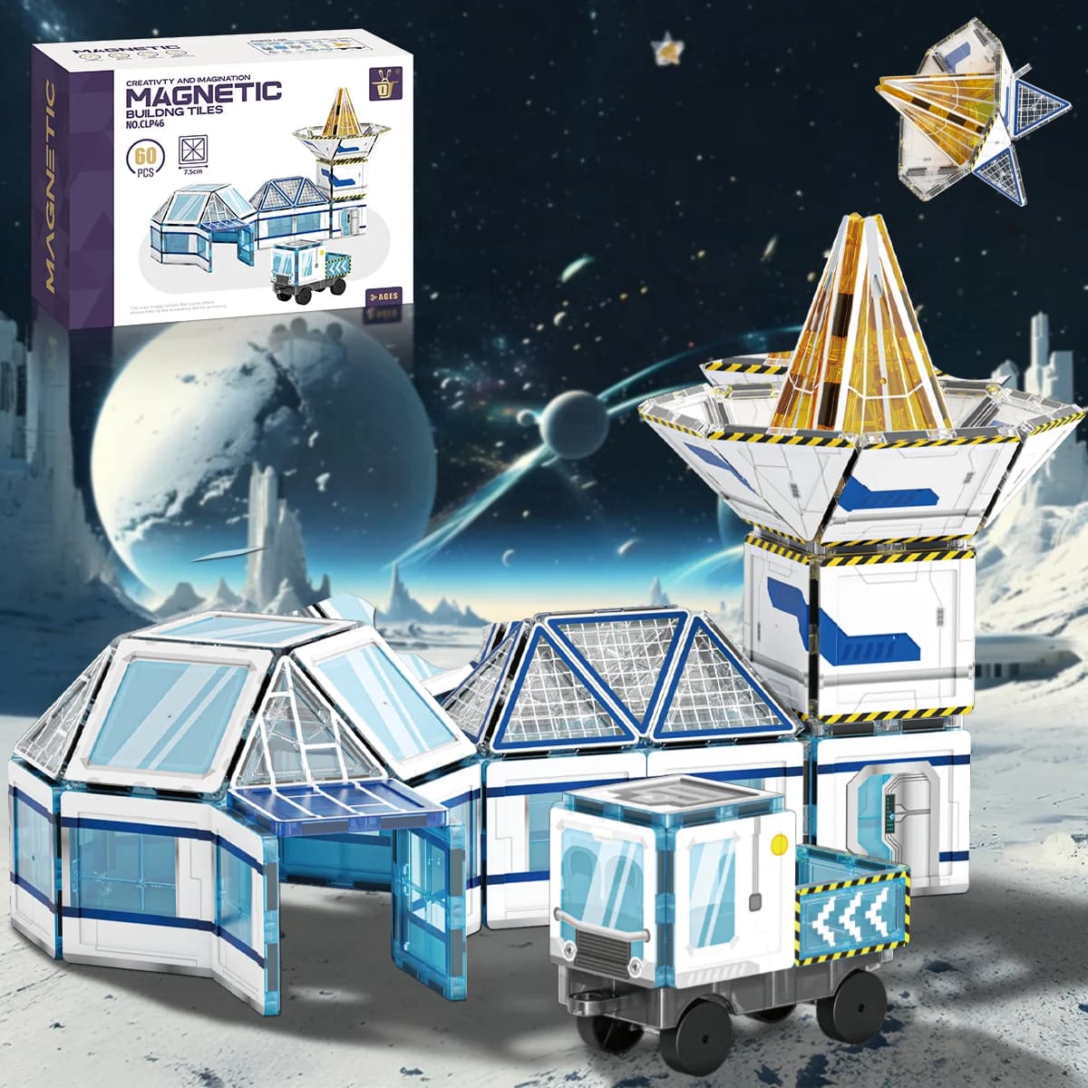 Space Theme Magnetic Tiles STEM Educational Building Blocks 3D Space Station Montessori Toys for Kids Boys Girls Birthday Gift