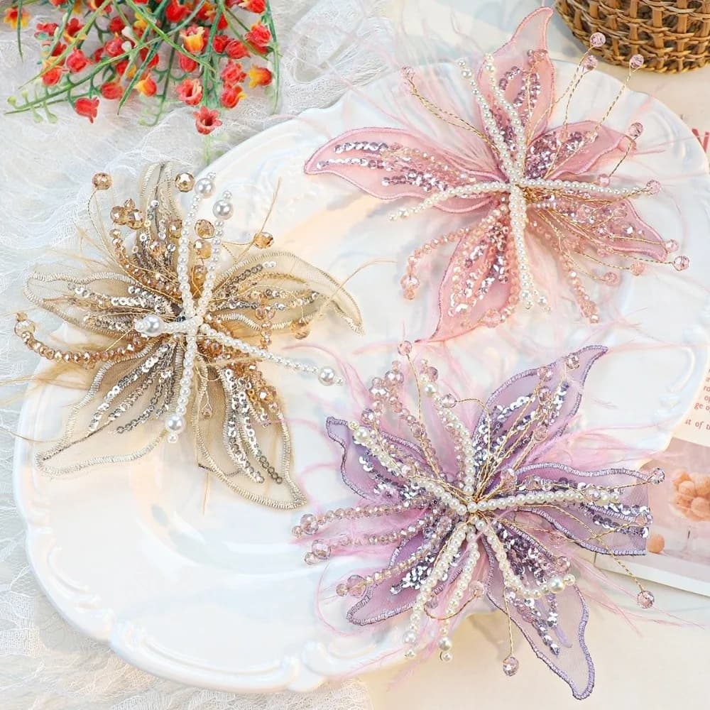 Vintage Sequin Lace Feather Hair Clip Beads Mesh Flower Hairpin Floral Headwear Bridal Wedding Headwear Dance Show Headwear