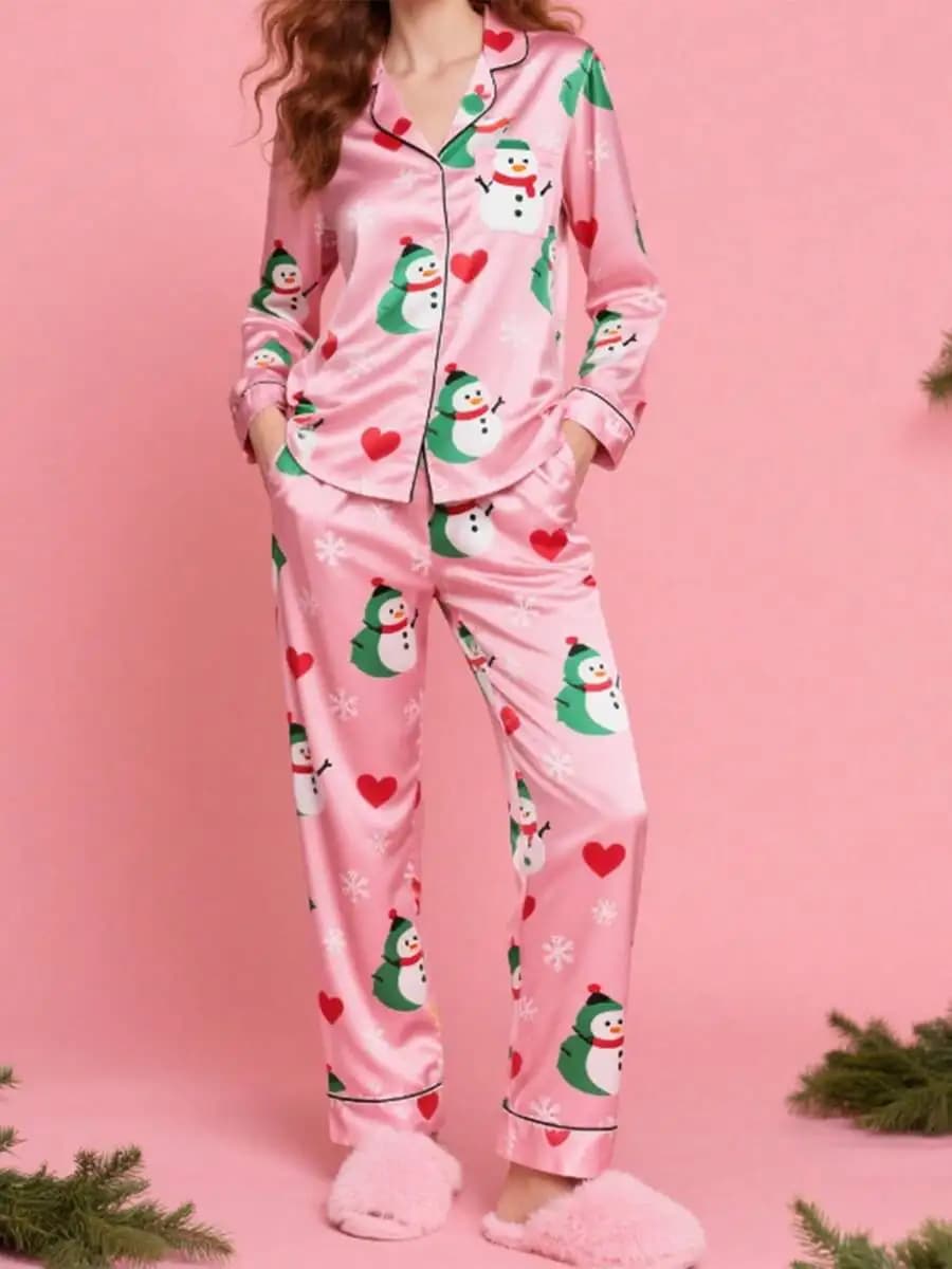 Womens Christmas Snowman Print Pajama Set V Neck Long Sleeve Button Down Sleepwear