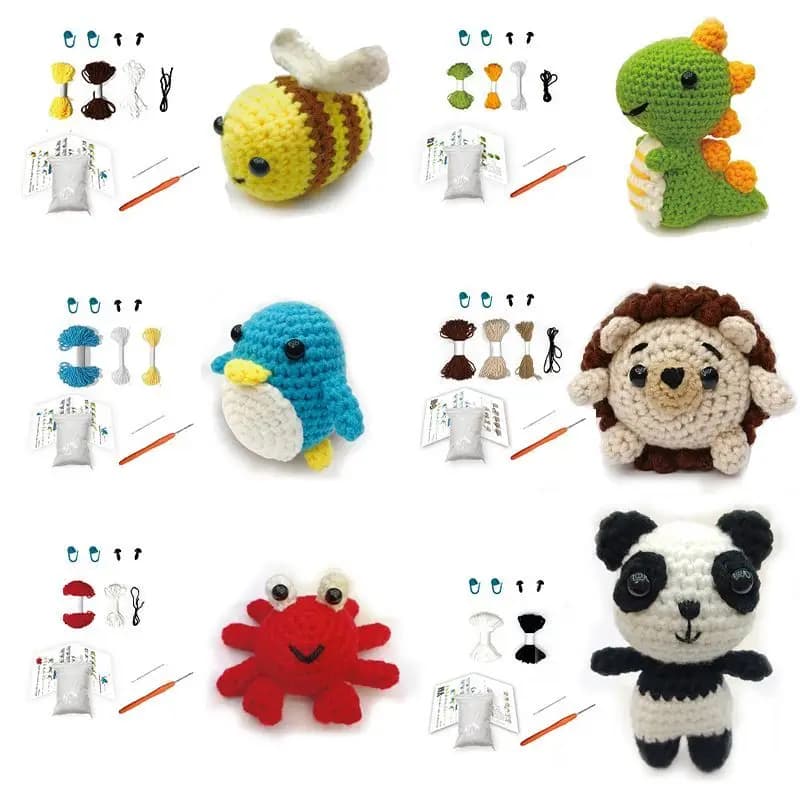 Set di pacchetti di materiali fai-da-te per filati per maglieria con animali dei cartoni animati, filo per gancio per bambola intrecciato a mano, ciondolo, portachiavi, decorazioni per la casa, video inglese