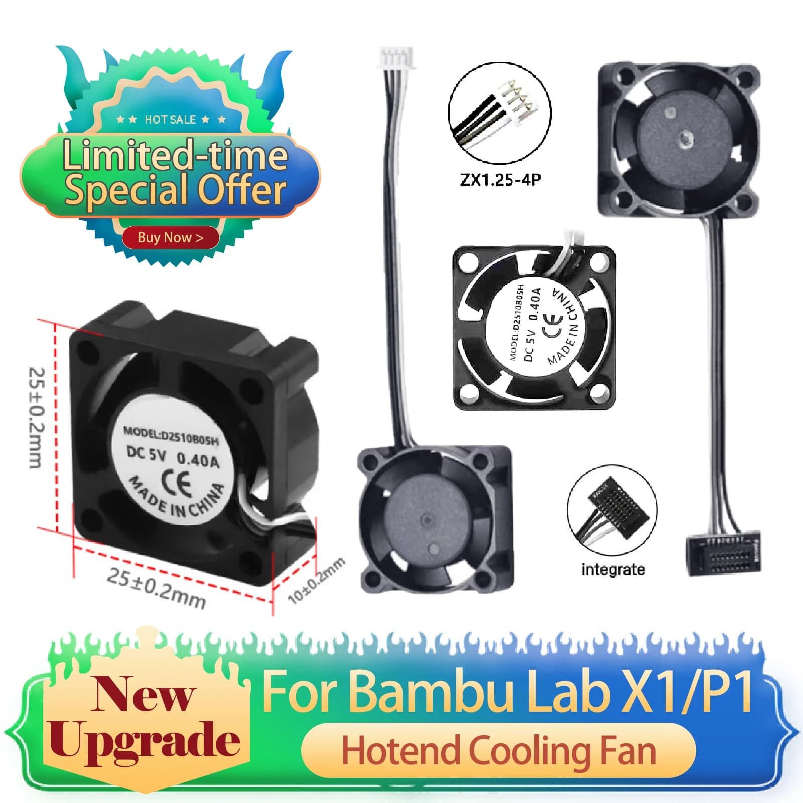 2510 Ventola Per Bambu Lab x1 p1p Ventola di raffreddamento Hotend con cavo Ventola di raffreddamento rapido per Bambu X1C P1S P1P Accessori per stampante 3D