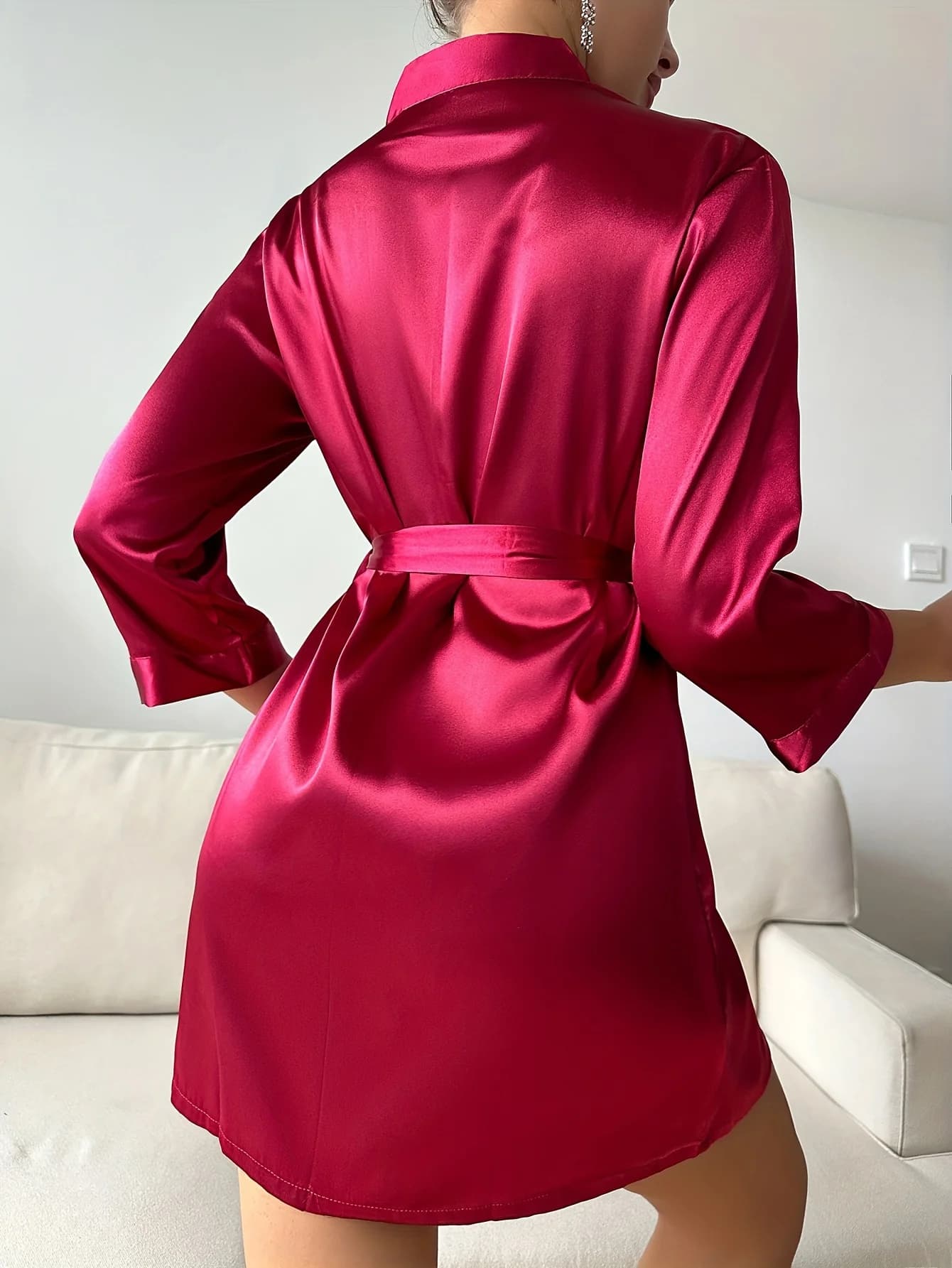 Women's short silk dress with tie in waist, light, summer, sexy, elegant, comfortable, home dress in solid color