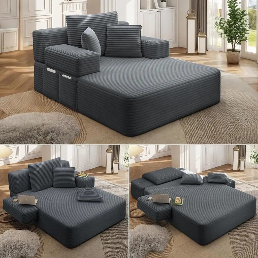 Chaise longue in velluto a coste grigio con 3 cuscini, divano letto trasformabile, contenitore, design elegante per spazi abitativi confortevoli