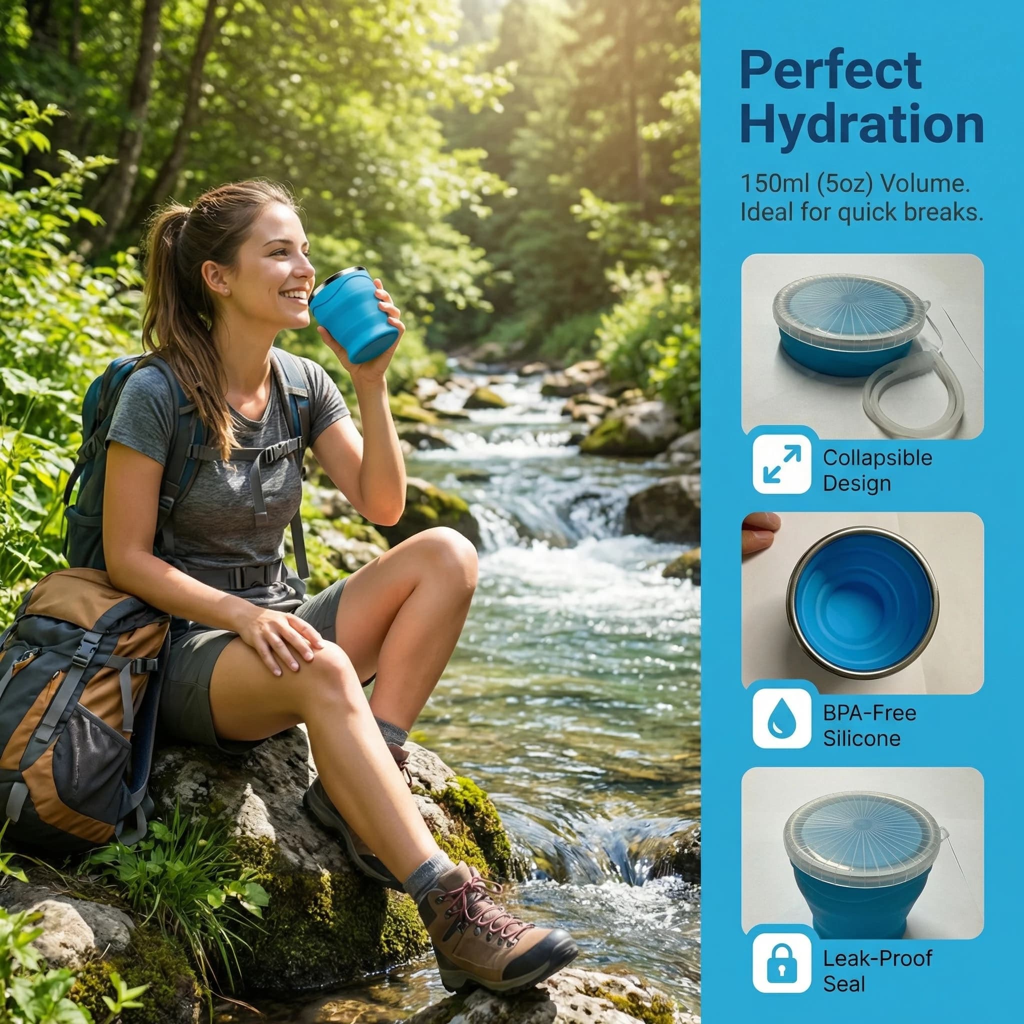 Tazza d'acqua pieghevole portatile in silicone, resistente al calore, telescopica, pieghevole, con coperchio, per viaggi e campeggio, 150 ml