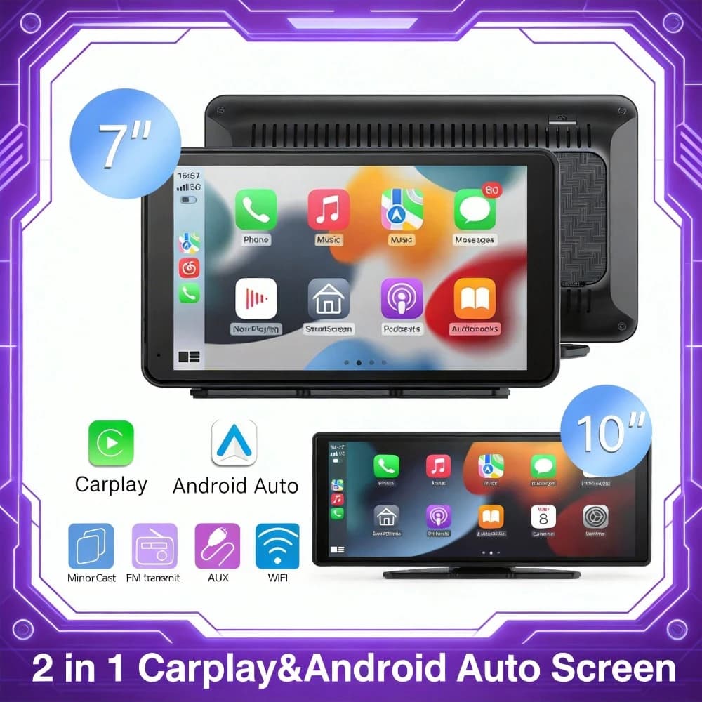 Schermo CarPlay Universale Portatile Pionray 7/10 Pollici, Lettore Multimediale Video per Auto con Android Auto Wireless per Apple