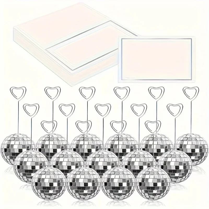 Porta numeri da tavolo con sfera da discoteca da 18 pezzi: porta carte rotanti a forma di cuore. Vetro, plastica e metallo lucido per matrimonio