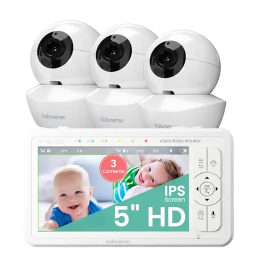Monitor per Bambini con 5 Schermi HD Divisi, 3 Telecamere HD, Controllo Remoto PTZ, Luce Notturna, Portata 960ft, Audio Bidirezionale, Zoom 4X, Visione Notturna, Batteria 4000mAh