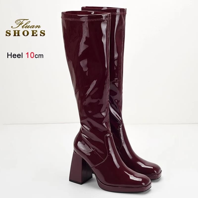 2025 Winter Red Wine Women's High Knee Boots Thick High Heels 10 cm Platform 1.5 cm Square Toe Lateral Hinge Long Boots Party Shoes