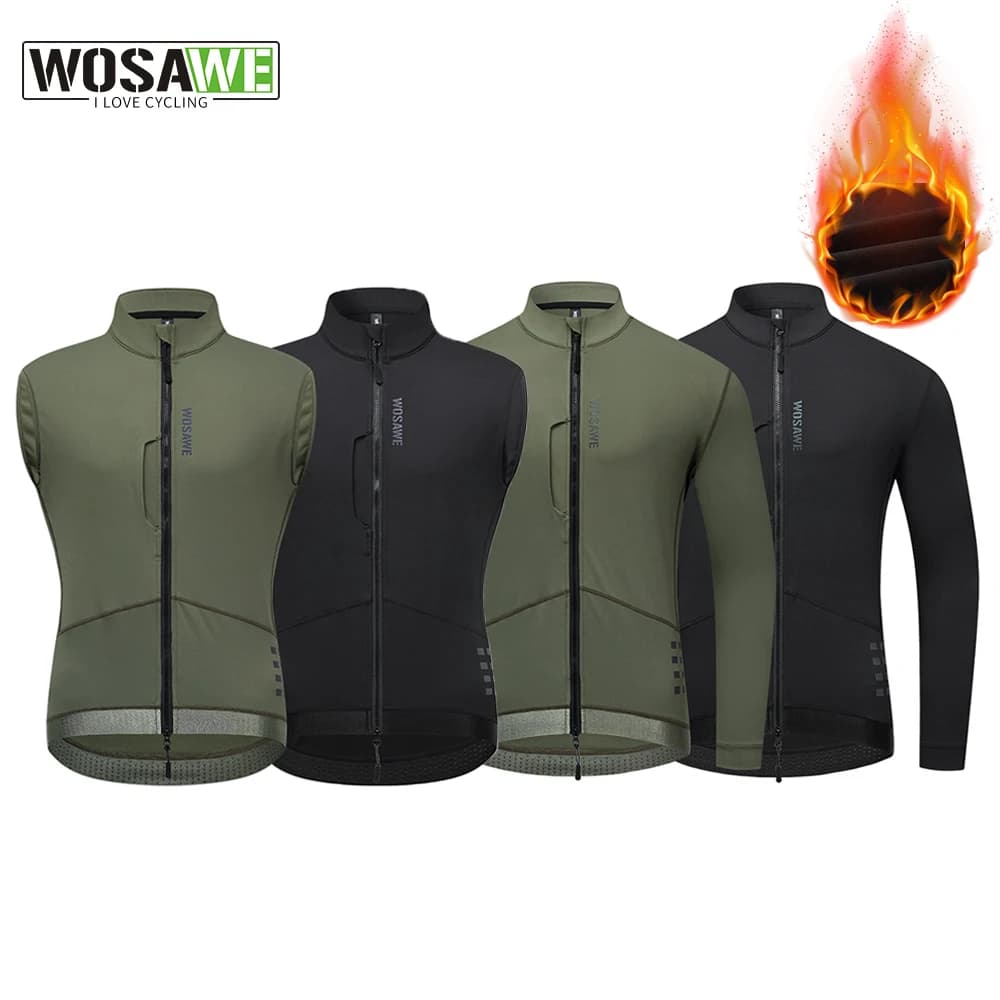 WOSAWE Maglia da ciclismo da uomo Autunno inverno Fodera in pile termico Giacca da bicicletta Gilet caldo Giacca a vento per bici da strada con cerniera YKK