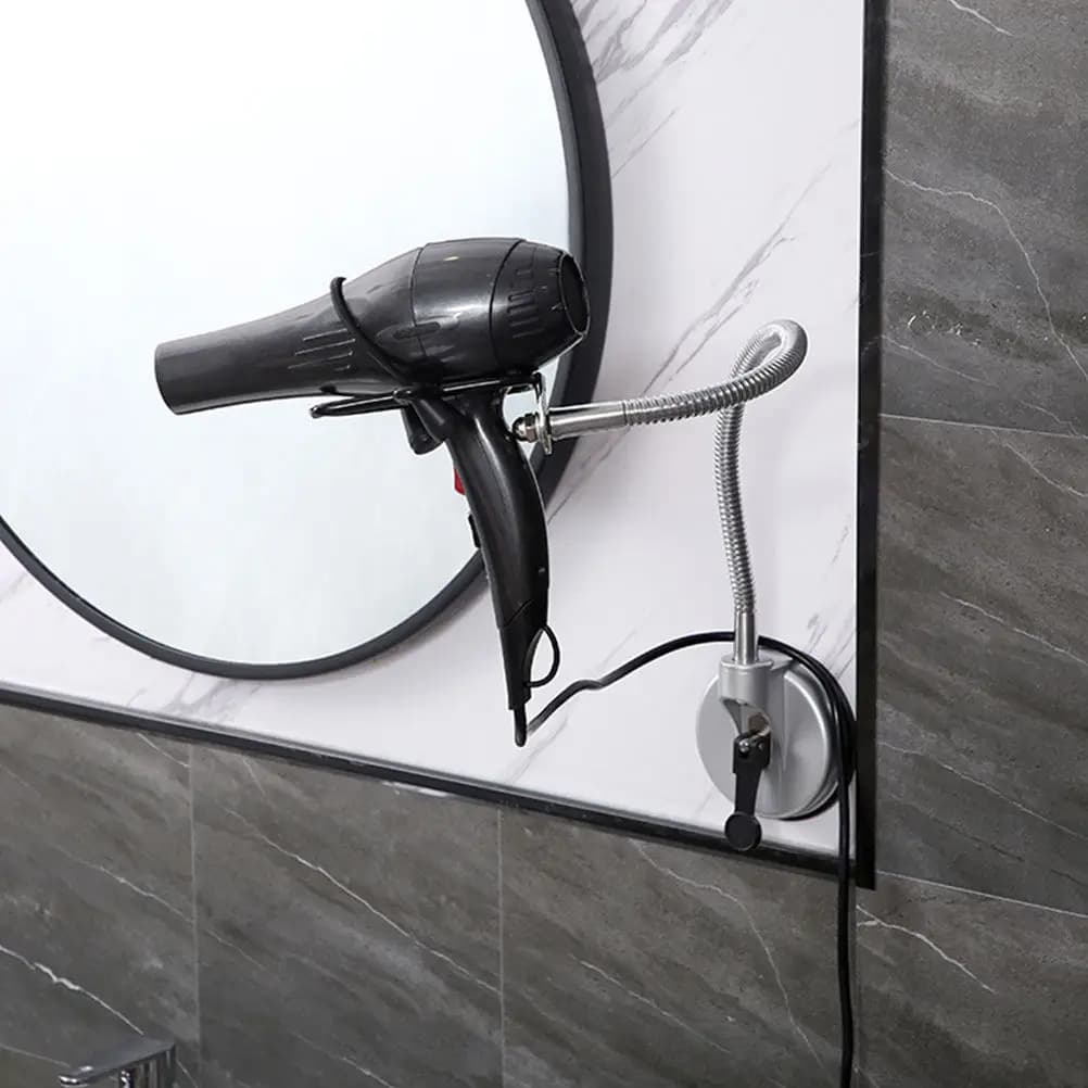 Hands Free Hair Dryer Holder Stand with Ultra Strong Suction Disc 360 Rotation Flexible Goose Neck Stainless Steel Rubber