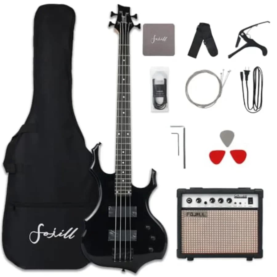 Beginner electric bass guitar starter kit for practice and performance: black bass with 20W amp, gig bag, strap, picks, capo, n