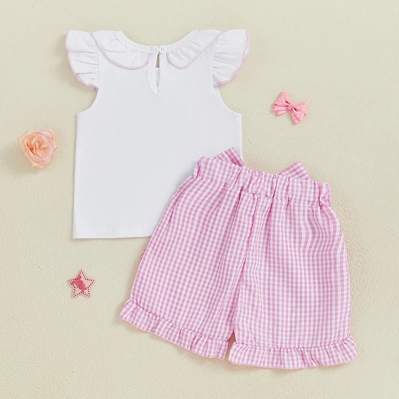 Adorabile completo estivo per bambina con grazioso ricamo per carrello da golf e eleganti pantaloncini scozzesi con volant - Set da 2 pezzi per un
