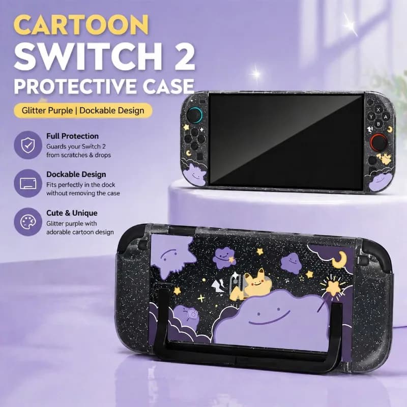 Custodia Protettiva Cartoon per Nintendo Switch 2, Viola Glitterato Personalizzabile, per Joy-Con e Console, Compatibile con Dock Cover