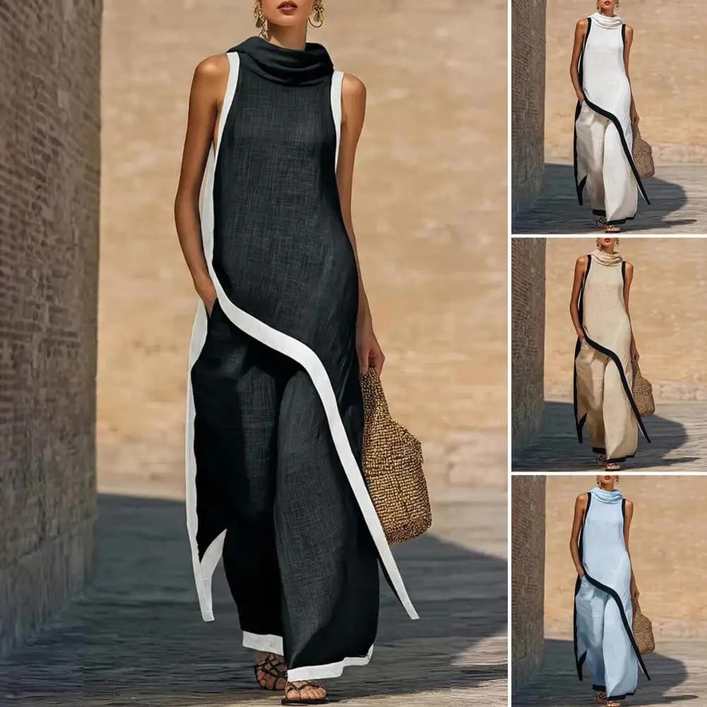 Women Color Block Cotton Linen Two-Piece Outfit Asymmetrical Hem Mock Neck Sleeveless Top Wide-Leg Pants Vacation Elegant Sets