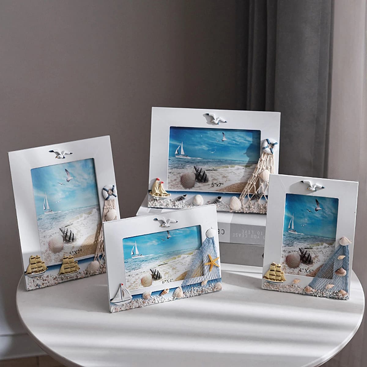 Cornice per foto in legno – Cornice in stile nautico da spiaggia con con conchiglia, stella marina e ornamenti per barche a vela per la decorazione domestica, regalo per il desktop