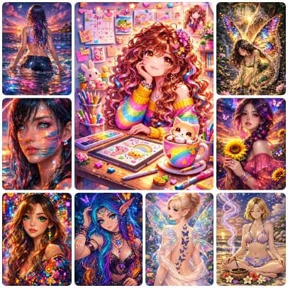 5D Diy Rainbow Glitter Summer Elf Anime Diamond Painting, Beach&Art Desk Fairy Combination Home Wall Decor