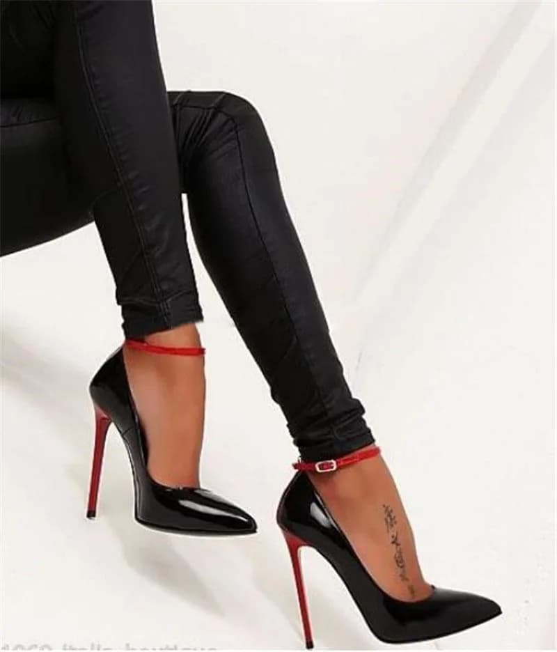 Sexy Women Ankle Strap Stiletto Thin Heel Pumps Pointed Toe 12cm Patent Leather High Heels Mixed colors Leather Patchwork Shoes