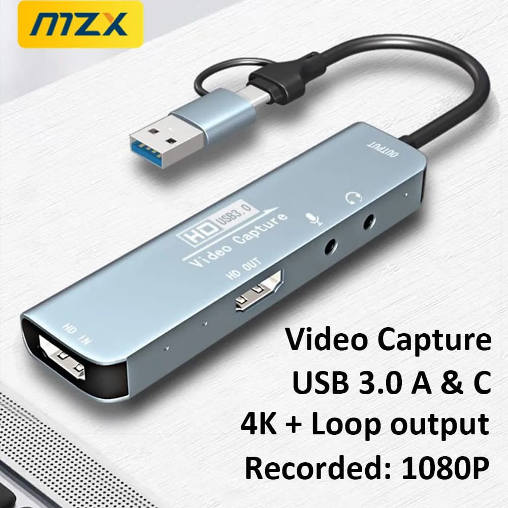 MZX USB 3.0 A Type-C compatible HDMI video capture card with 1080P output and 4K loop output, HD recorder for games and live streaming, OBS Purchaser