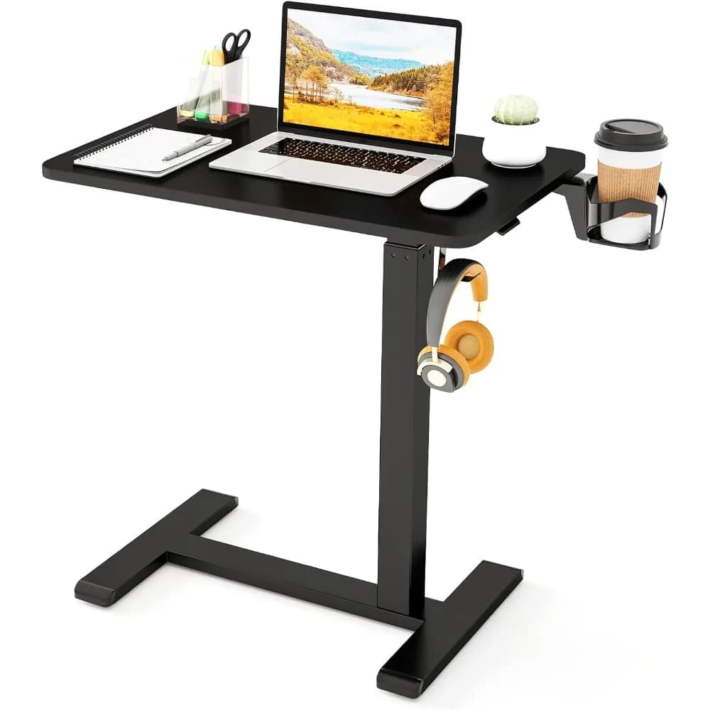 Scrivania mobile premium, scrivania pneumatica con rotelle regolabile in altezza con portabicchieri e gancio per cuffie, tavolo sopra il letto con nascosta