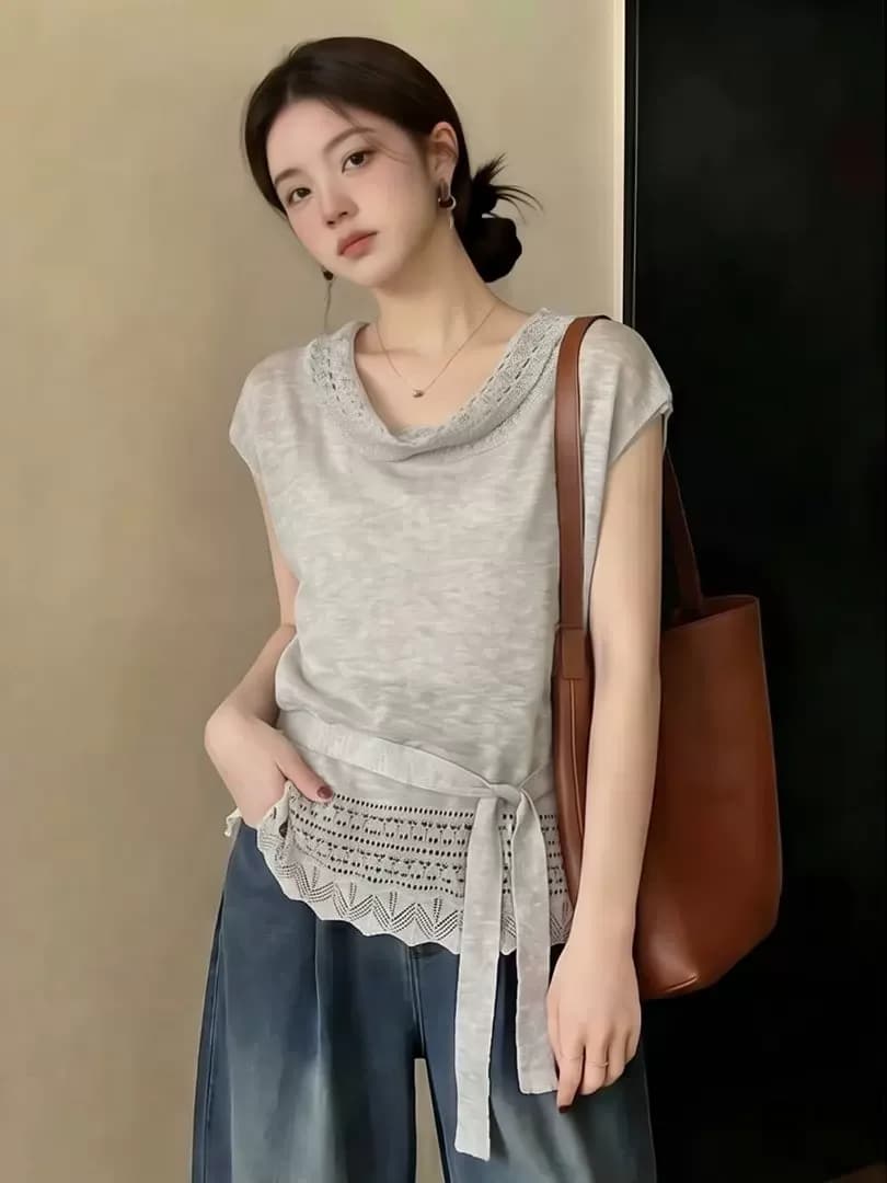 Elegant Grey Hollow out Belted Sleeveless Knitwear Women's Summer Thin Fashionable Unique Beautiful Top Korean Style Slim Fit