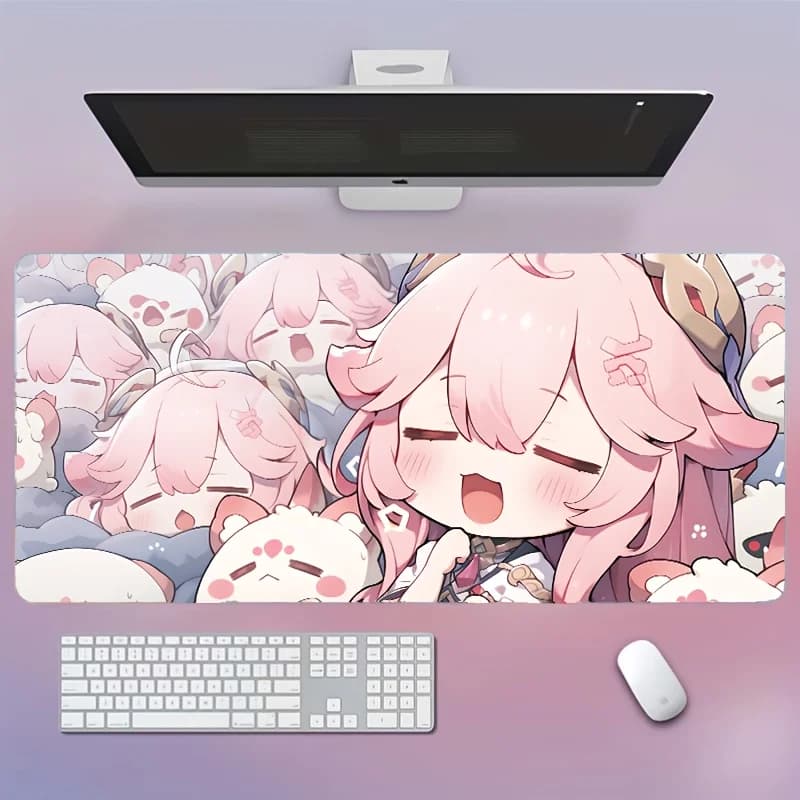 Kawaii Pink Chibi Fox Girl Gaming Mouse Pad, Non-Slip Office Desk Mat, Cute Anime Collage Style, Water-Resistant Keyboard Pad