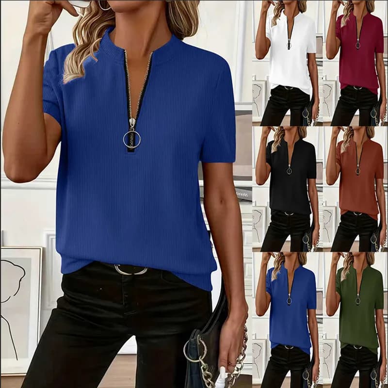 2026 T-shirt con cerniera con scollo a V estivo da donna Moda casual Tinta unita a costine Top a maniche corte Pullover stile fuori strada da donna