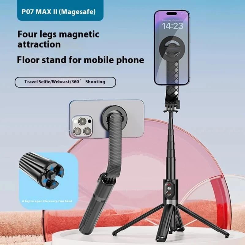 P07MAX Selfie Stick magnetico per telefono Telecomando compatibile Bluetooth Staffa estensibile a quattro gambe per IPhone/Android
