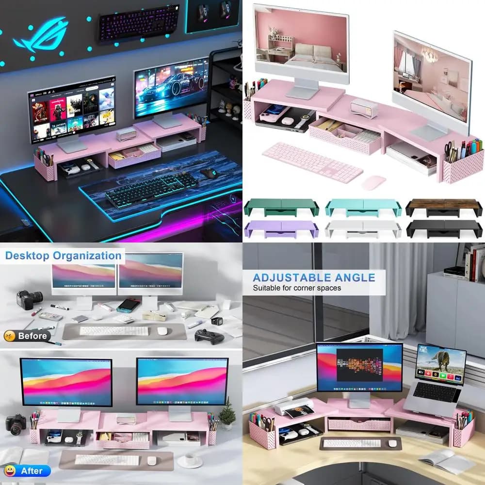 Support for double monitor and desk organizer, pink office items