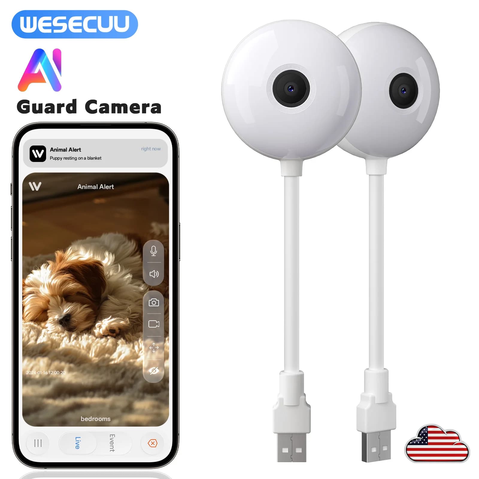 WESECUU Mini telecamera WiFi Telecamera di sicurezza interna 2K per baby monitor Spina USB wireless Sorveglianza IP AI Monitoraggio automatico Babe Cam